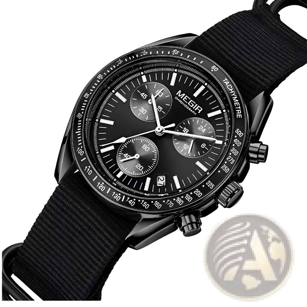 Black Megir sport chronograph quartz watch with three subdials and a black fabric strap for active use