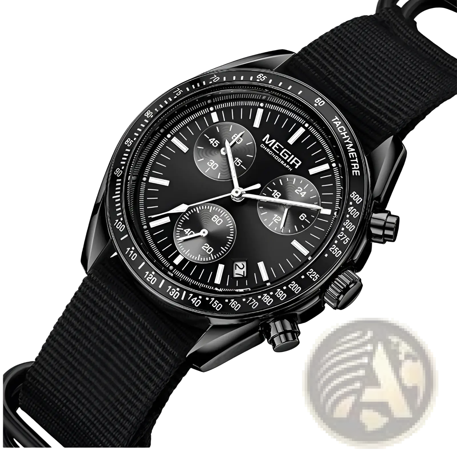 Black Megir sport chronograph quartz watch with three subdials and a black fabric strap for active use