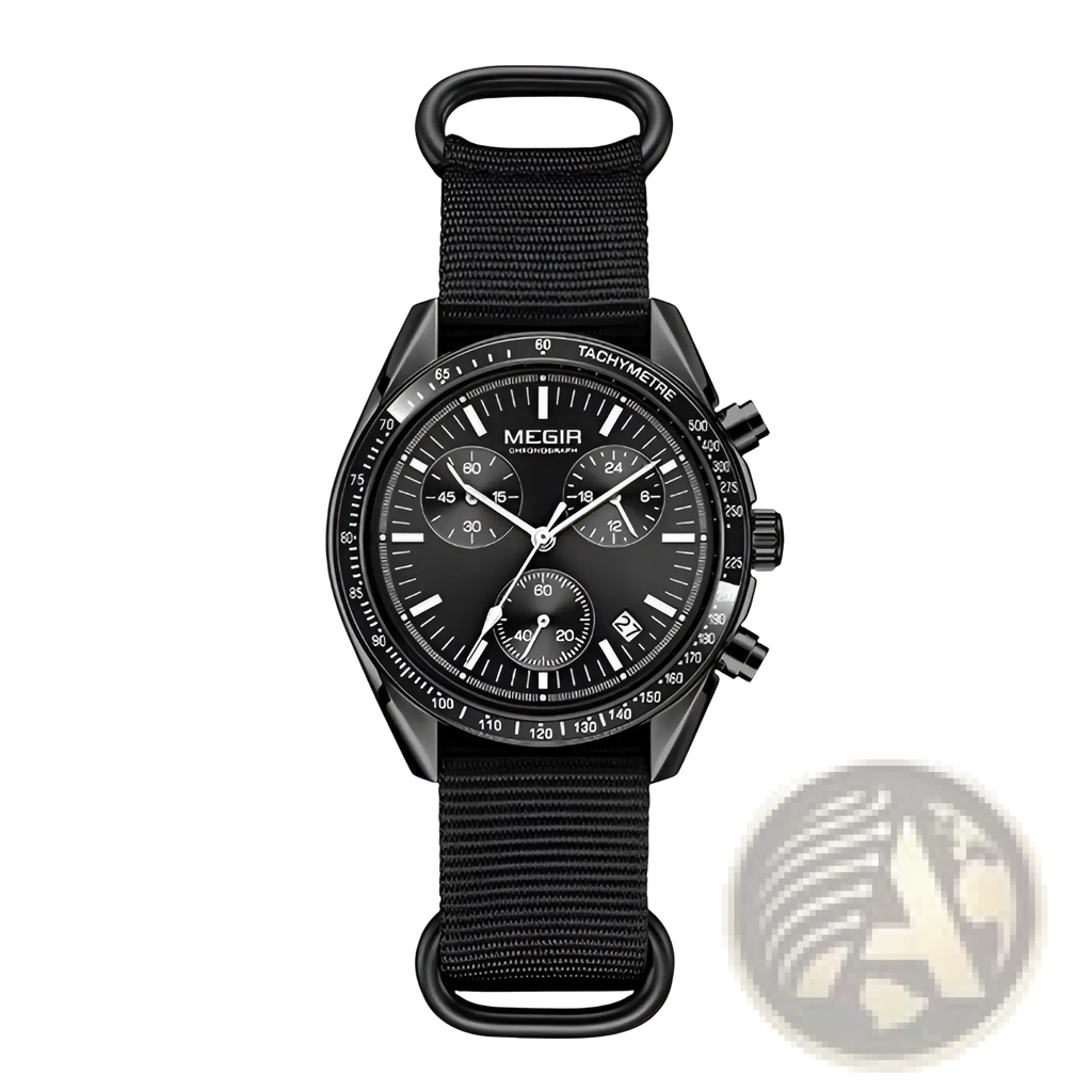 Black megir sport chronograph quartz watch with tachymeter bezel and black fabric strap for active use