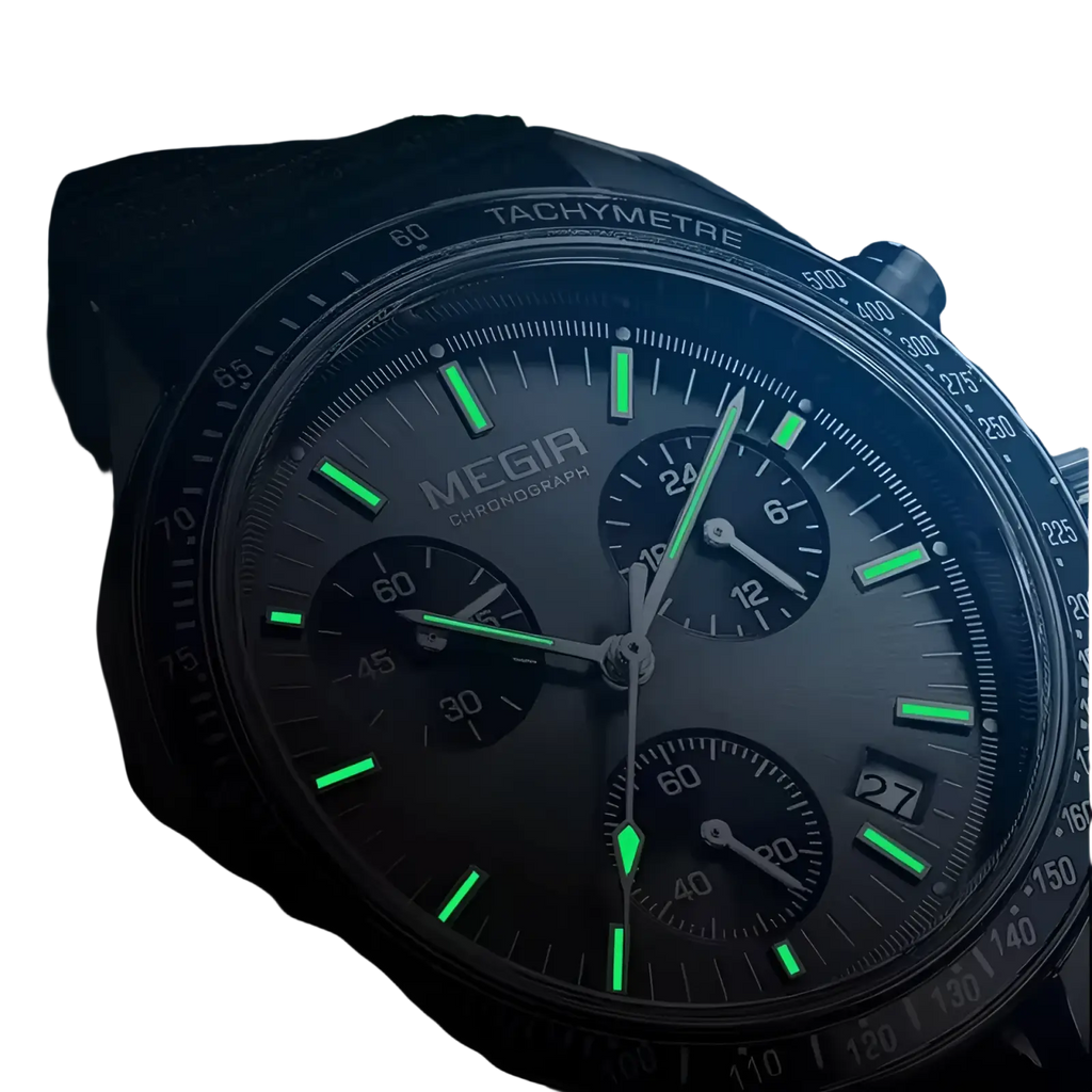 Black megir sport chronograph quartz watch with luminous green hour markers and hands for enhanced visibility