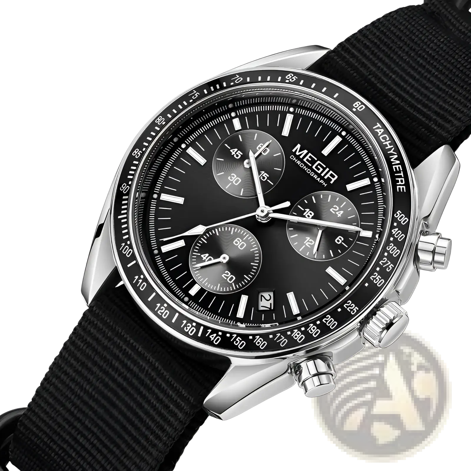 Megir sport chronograph quartz watch with silver-toned case, black dial with three subdials, and black fabric strap