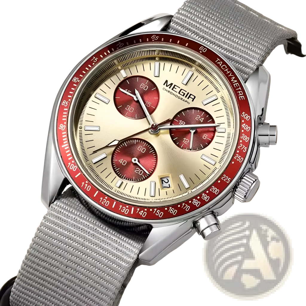 Megir sport chronograph quartz watch with silver-toned case red and cream dial three subdials and gray woven nylon strap