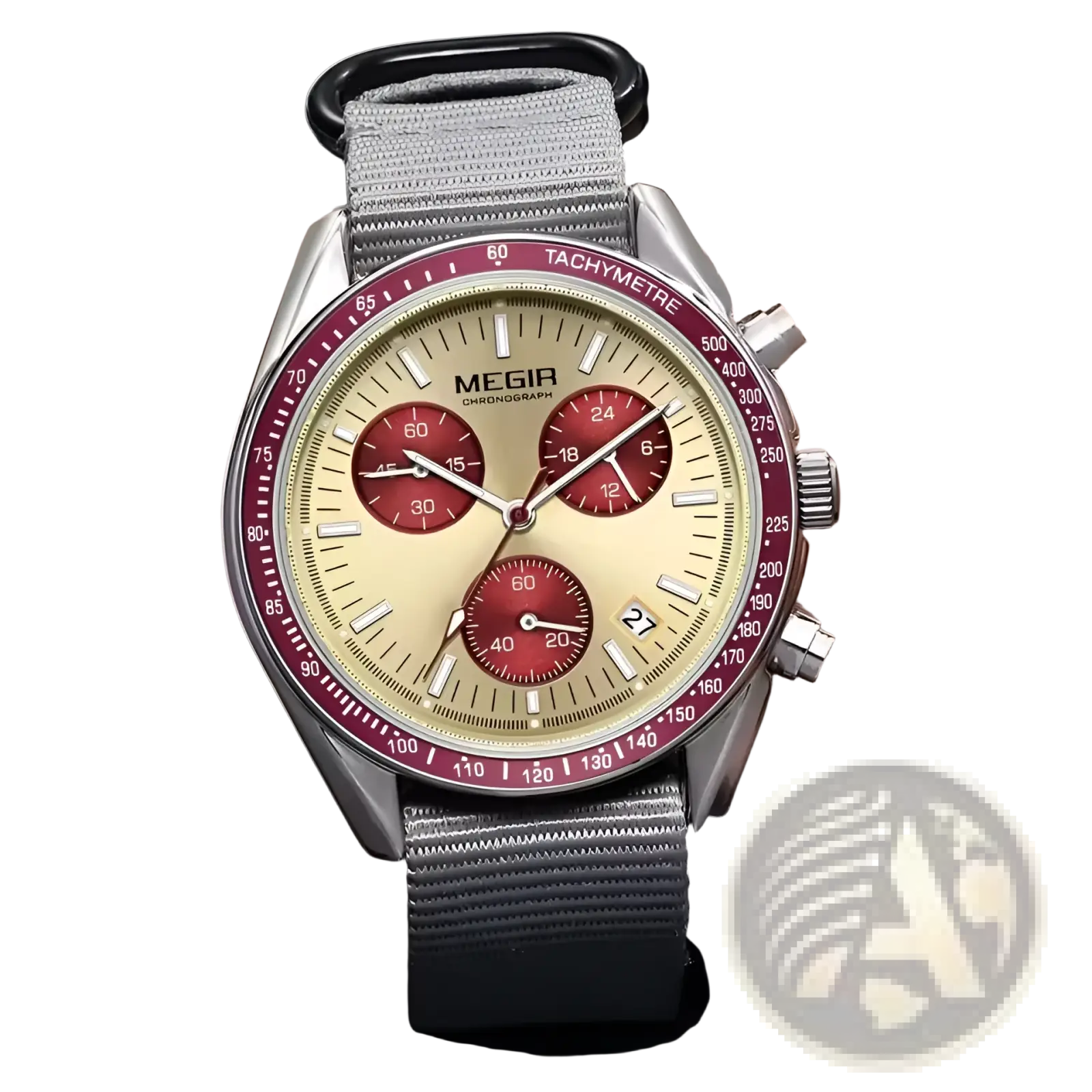 Megir sport chronograph quartz watch with silver tone case, cream dial, red subdials, burgundy bezel, and gray nylon strap