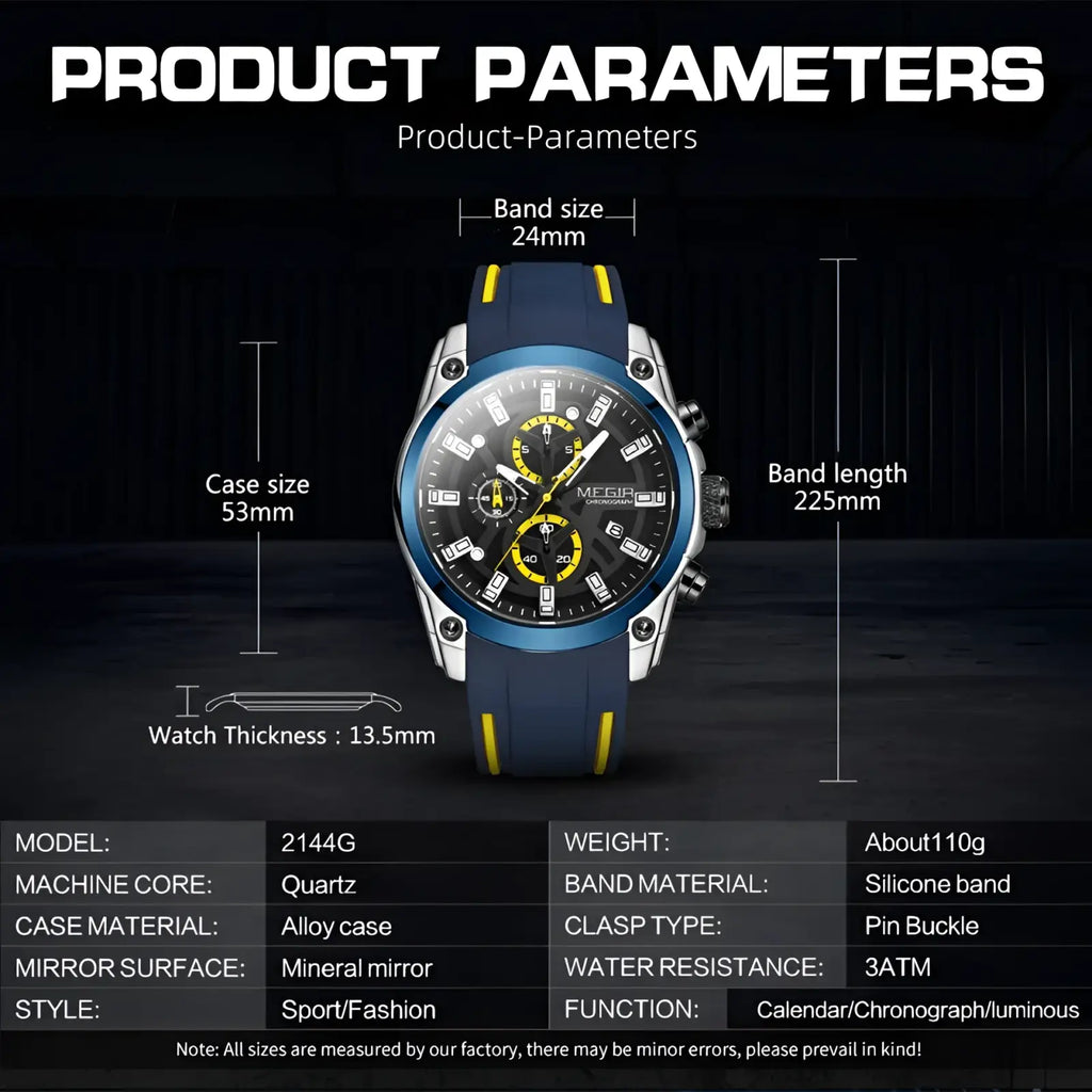 Megir sport chronograph silicone watch with blue and yellow silicone band, silver alloy case, mineral mirror face, and quartz movement