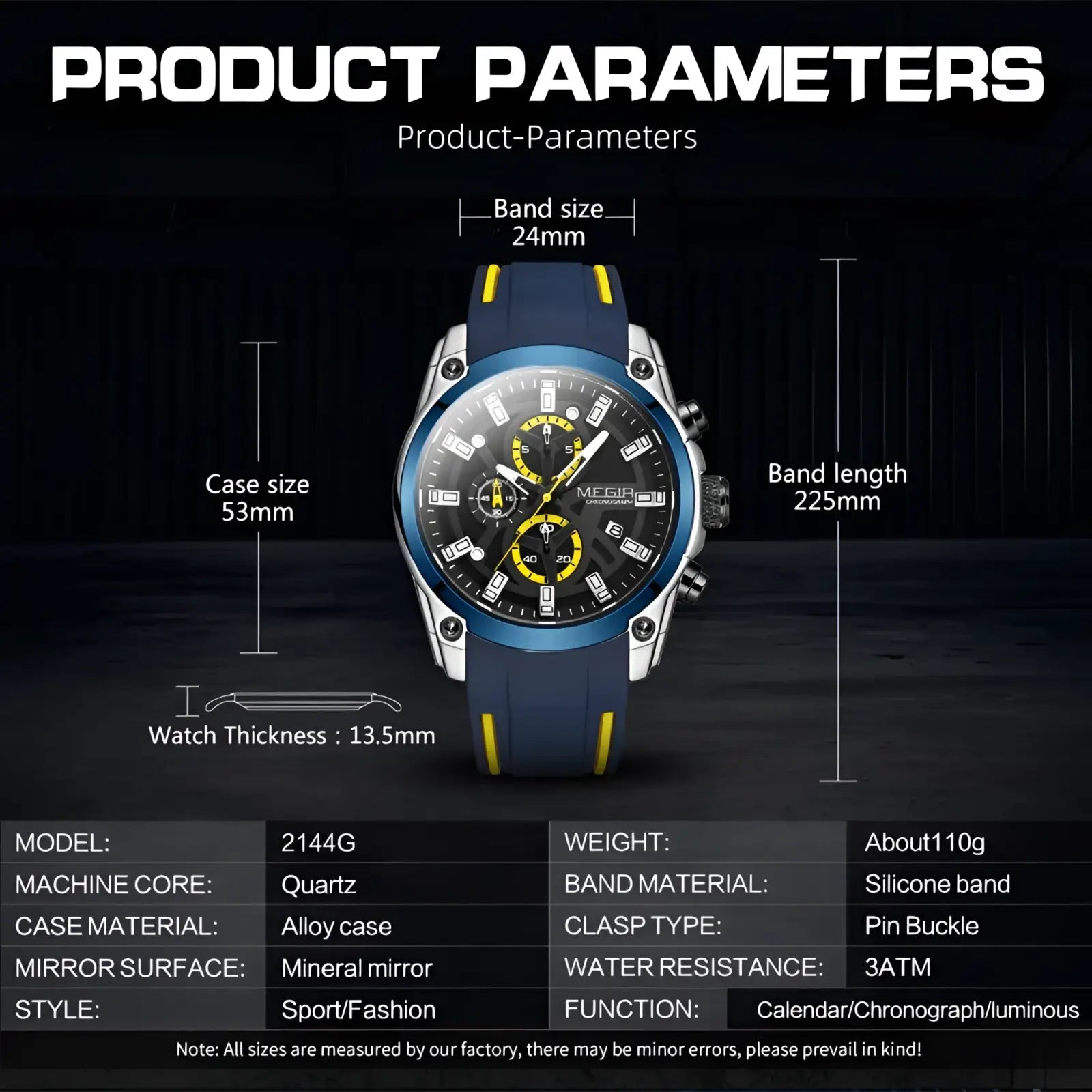 Megir sport chronograph silicone watch with blue and yellow silicone band, silver alloy case, mineral mirror face, and quartz movement
