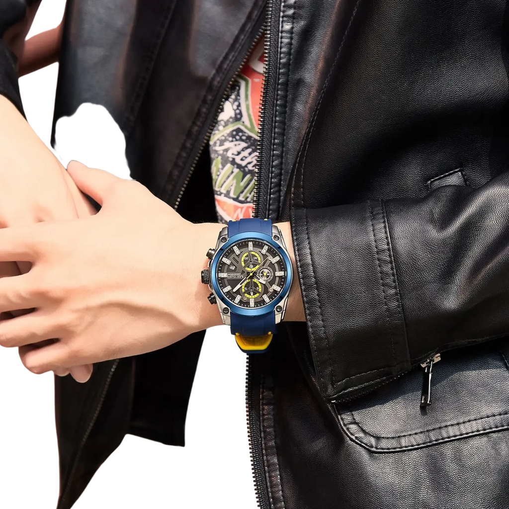 Megir sport chronograph silicone watch with blue and yellow accents, black dial, silver case, and rubber strap