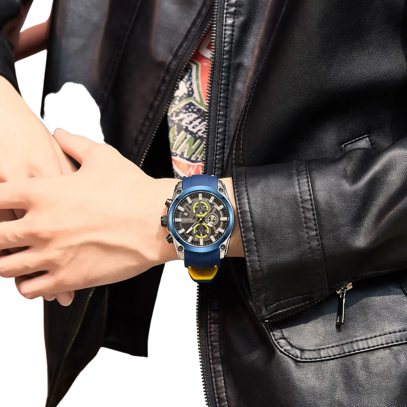 Megir sport chronograph silicone watch with blue and yellow accents, black dial, silver case, and rubber strap
