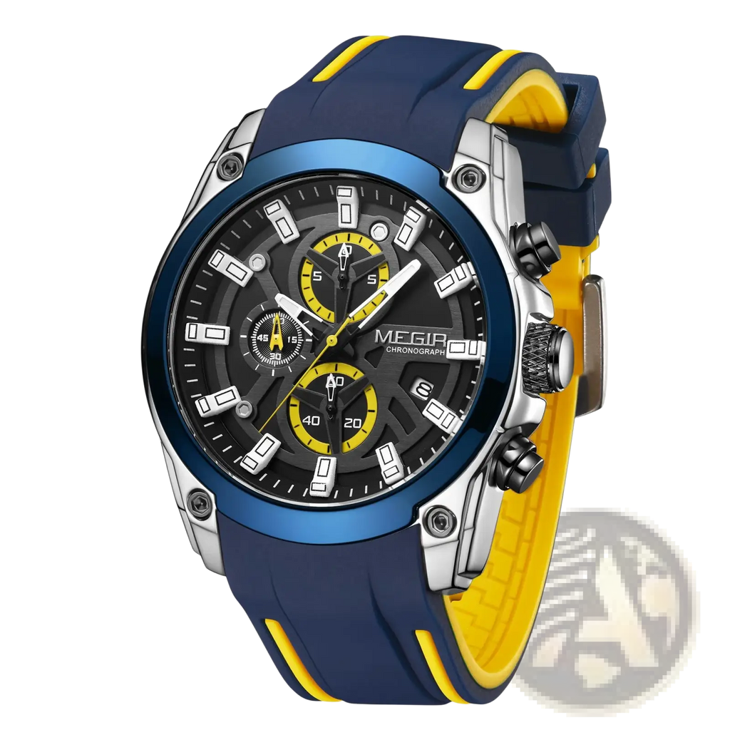 Megir sport chronograph silicone watch with blue and yellow dial, silver case, white markers, and textured rubber strap
