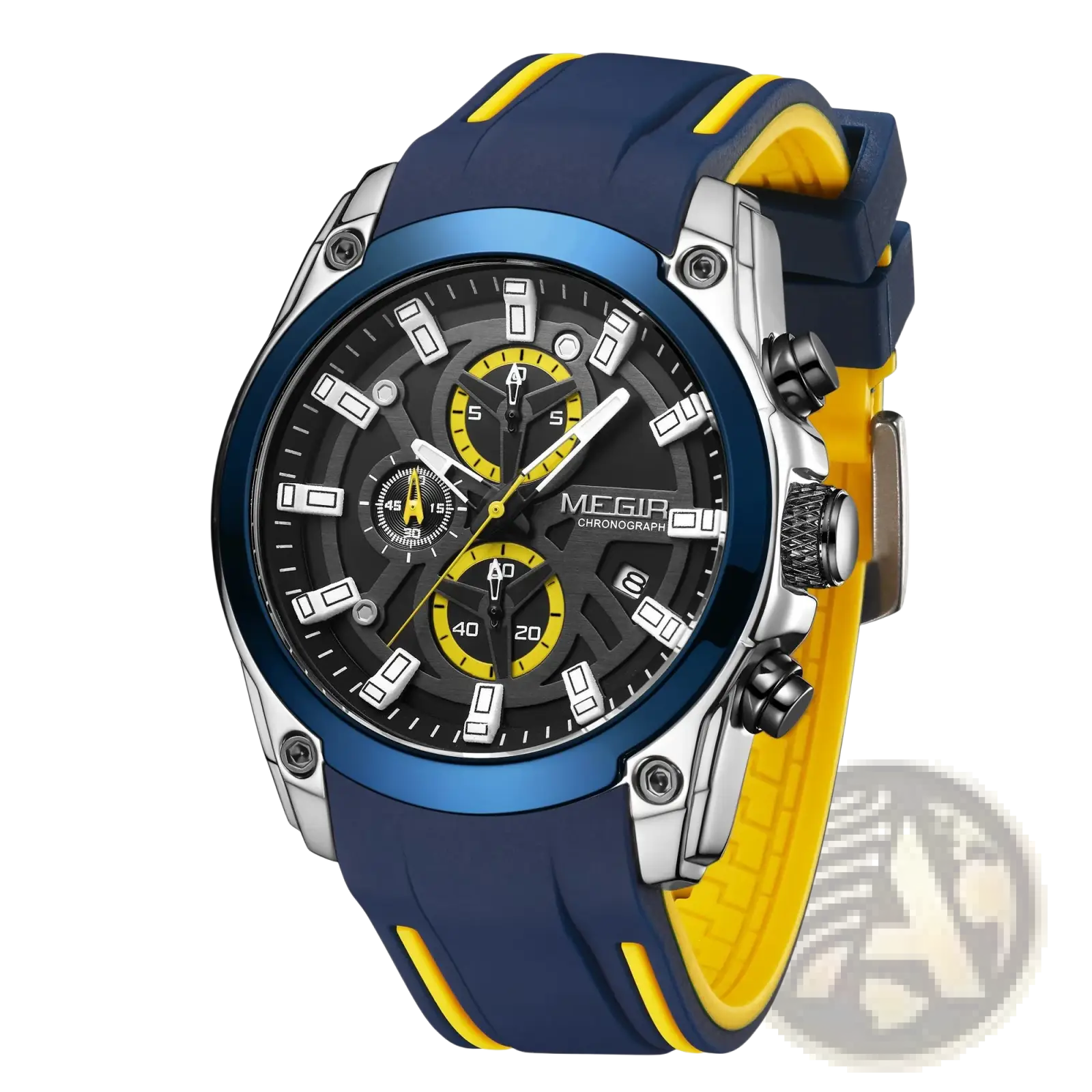 Megir sport chronograph silicone watch with blue and yellow dial, silver case, white markers, and textured rubber strap