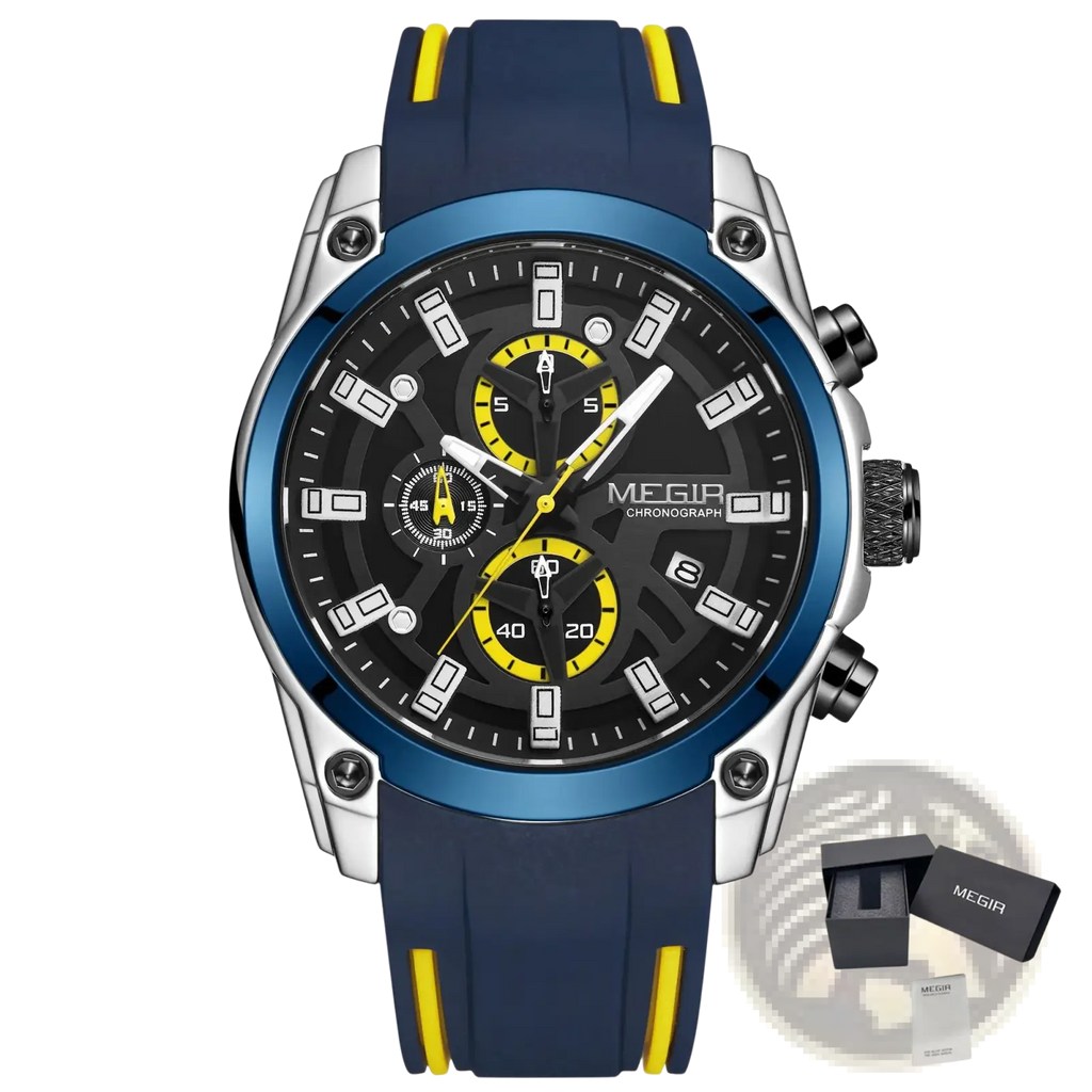 Megir sport chronograph silicone watch with blue and yellow design, silver case, and black dial with yellow subdials