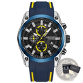 Megir sport chronograph silicone watch with blue and yellow design, silver case, and black dial with yellow subdials
