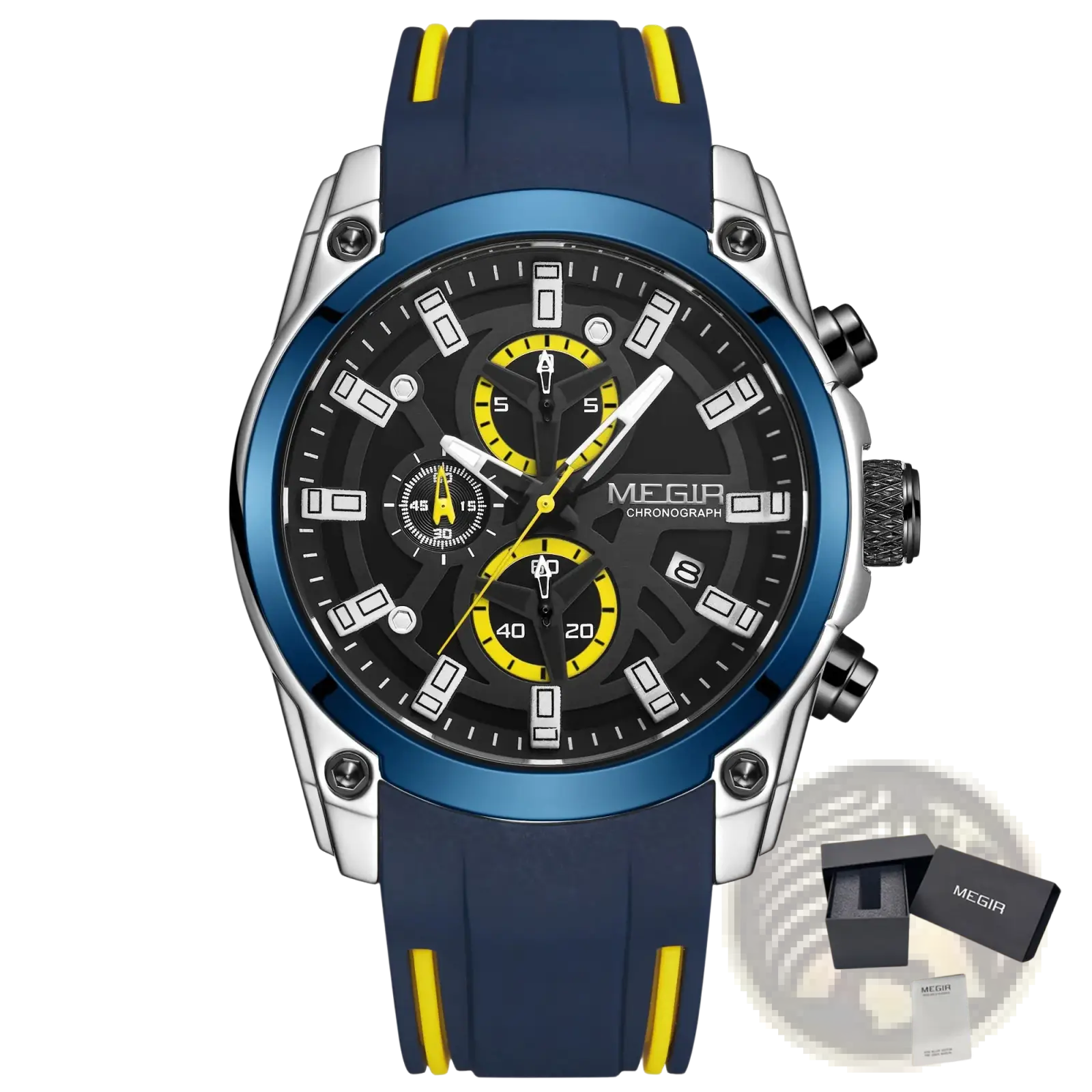 Megir sport chronograph silicone watch with blue and yellow design, silver case, and black dial with yellow subdials