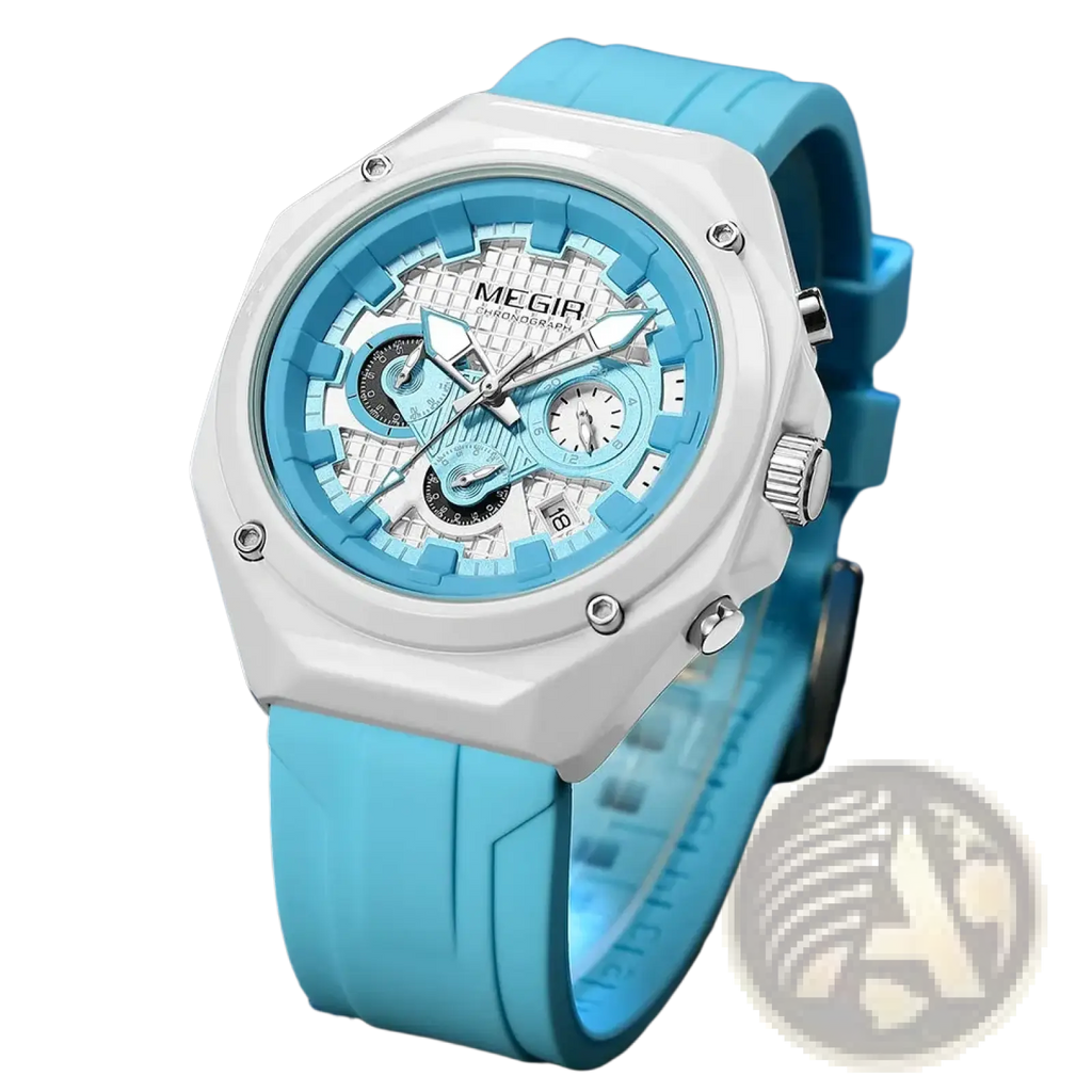 Megir sport chronograph watch with a vibrant turquoise and white dial, angular case, and matching silicone strap