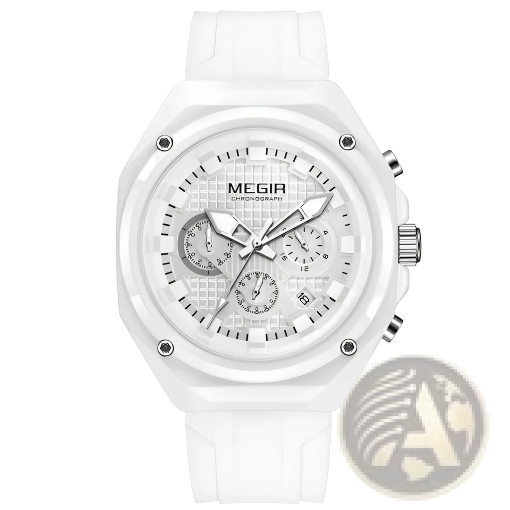 White ceramic Megir sport chronograph watch with white silicone strap and silver-tone accents for active wear