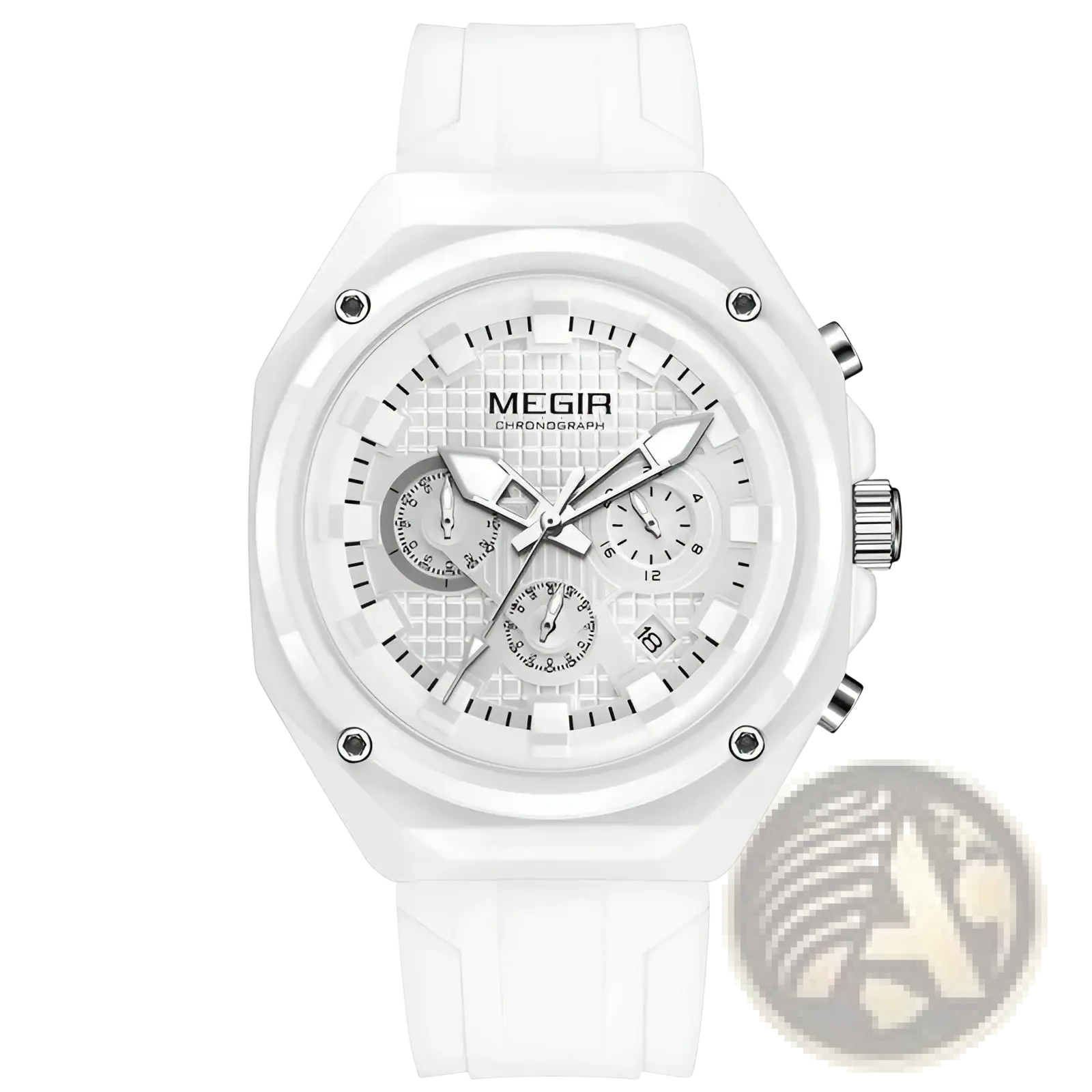 White ceramic Megir sport chronograph watch with white silicone strap and silver-tone accents for active wear