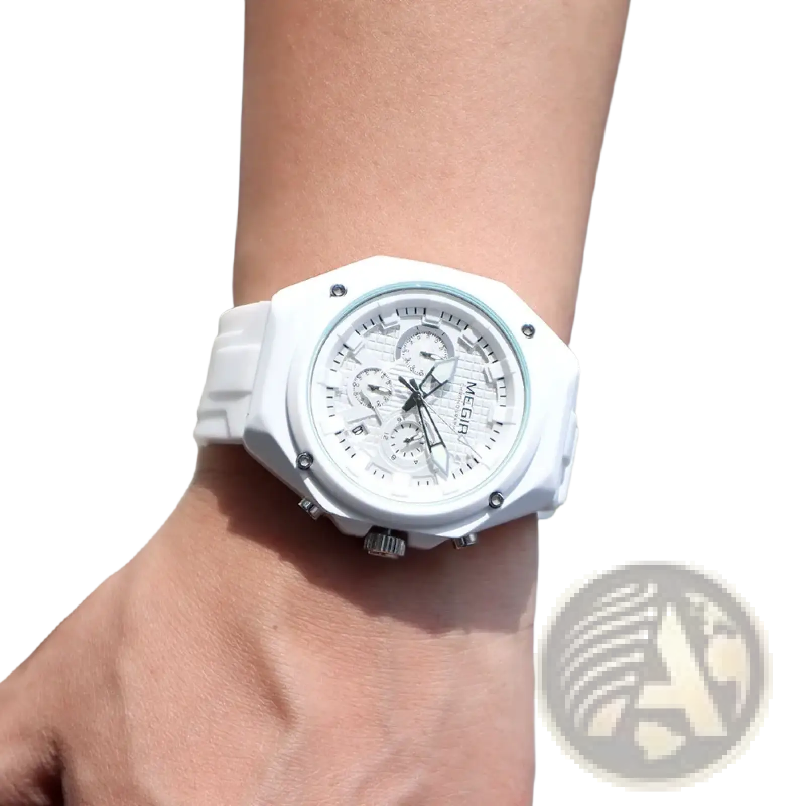 Megir sport chronograph watch with white ceramic case white dial and silver-tone accents on silicone strap
