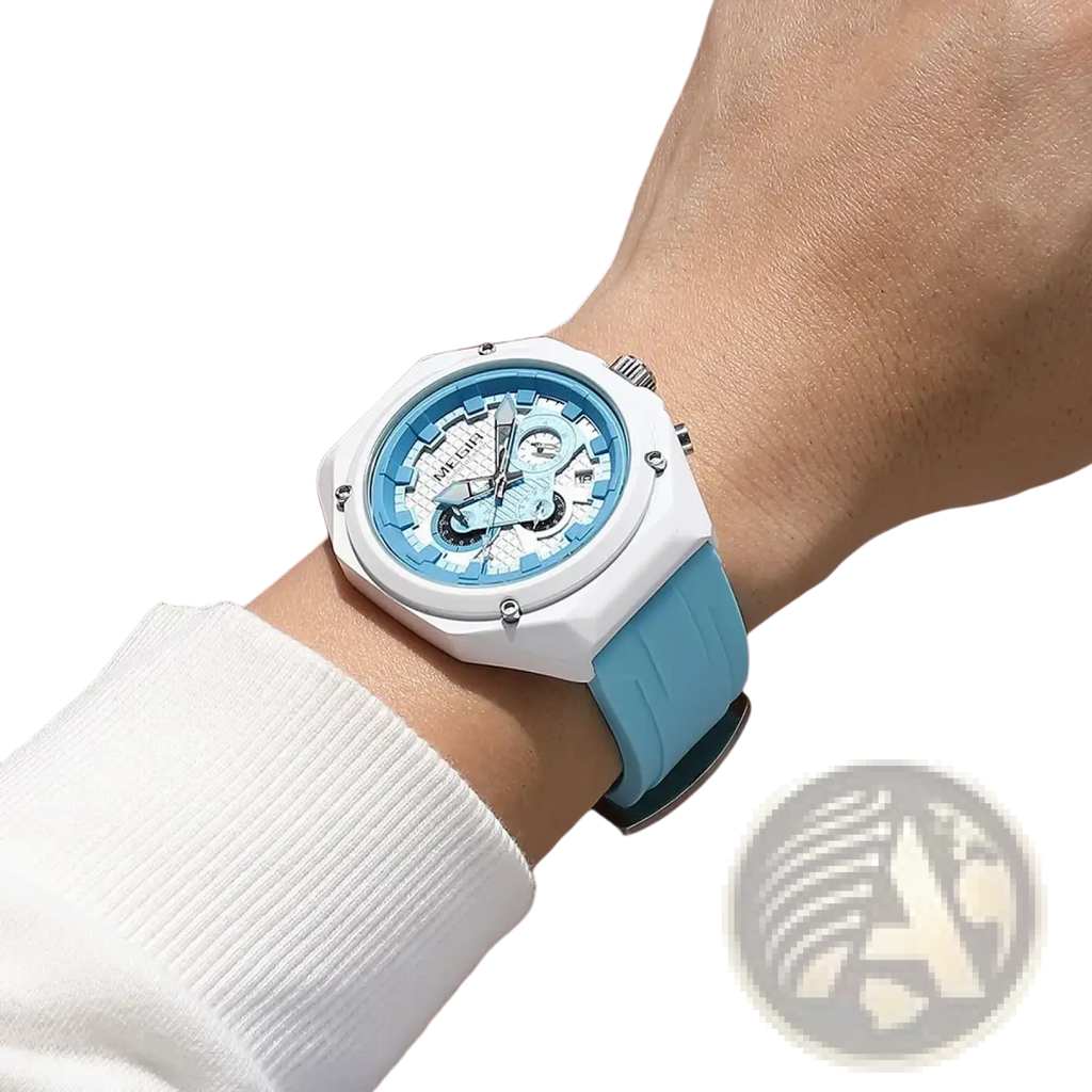 Megir sport chronograph watch with white and light blue hexagonal case silicone strap and intricate dial design
