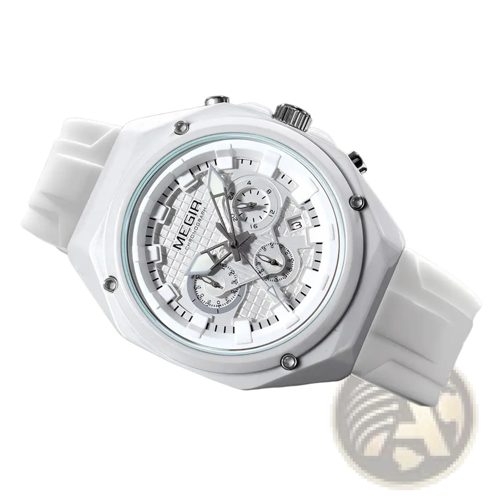 White megir sport chronograph watch with a sporty angular case and matching white silicone strap