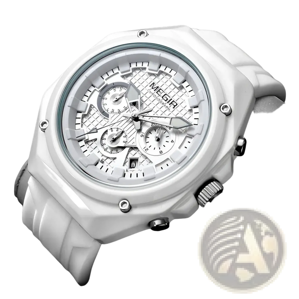 White Megir sport chronograph watch with textured dial and matching white silicone resin strap for active use