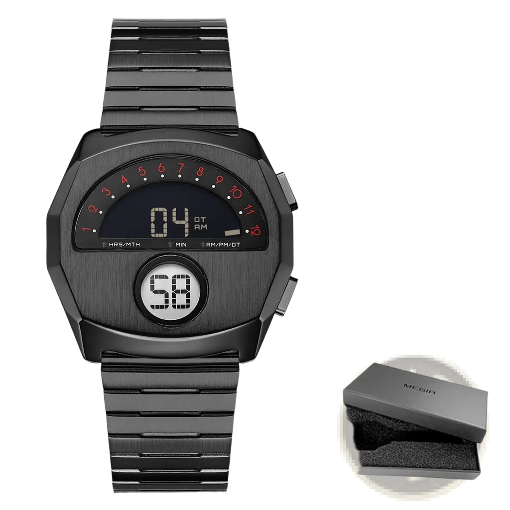 Megir stainless steel digital watch with a black analog-style dial and bold red numerals with a sleek metallic band