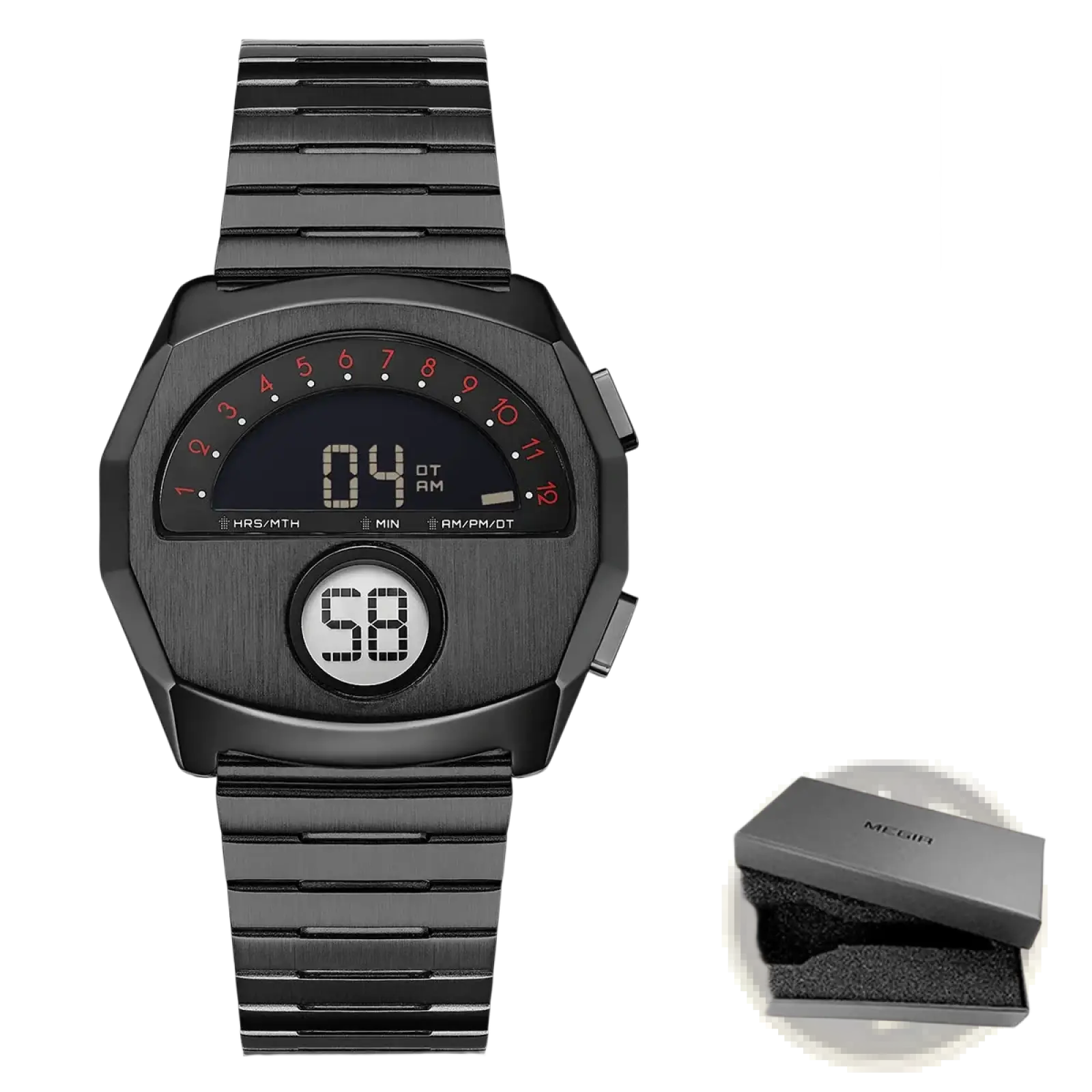 Megir stainless steel digital watch with a black analog-style dial and bold red numerals with a sleek metallic band