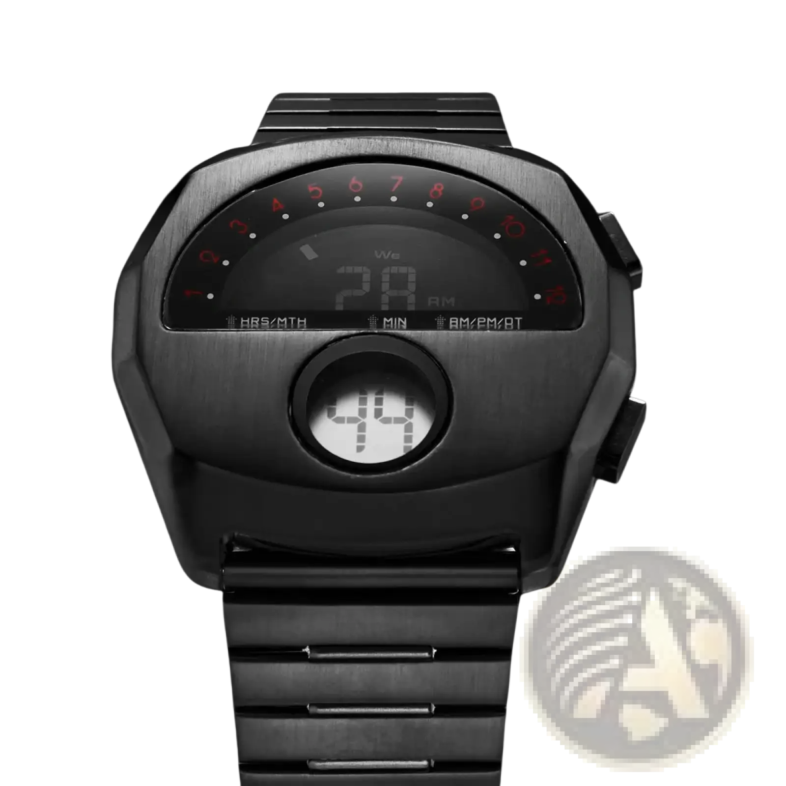 Megir stainless steel digital watch with black brushed metal case and bracelet and red illuminated hour markers