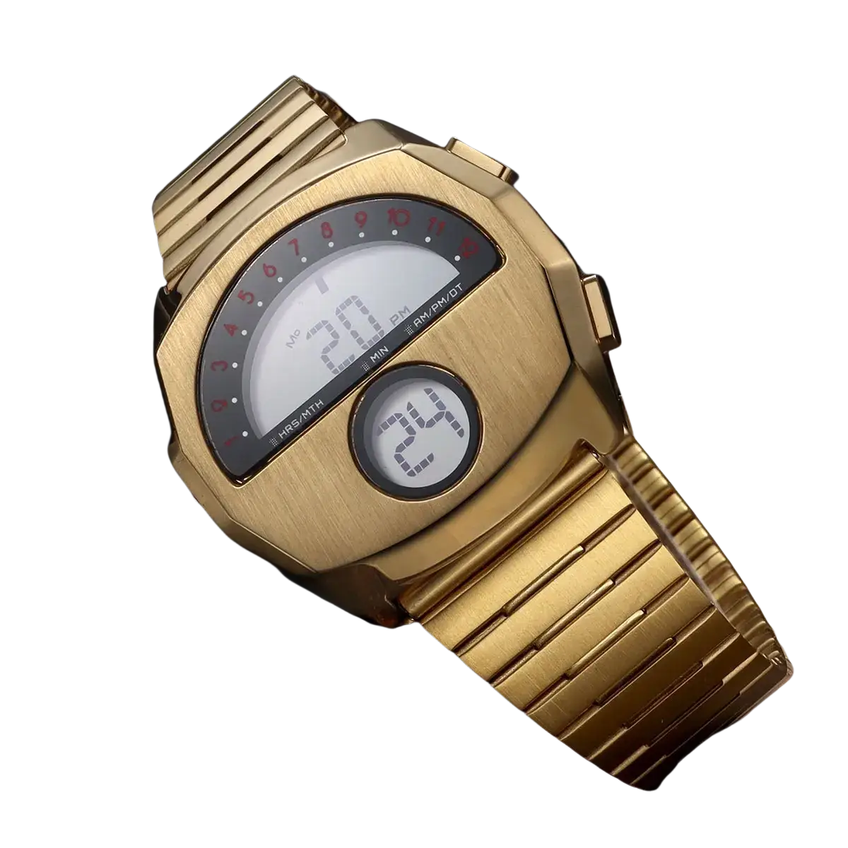 Megir stainless steel digital watch with gold-toned brushed metal case and dual displays featuring red hour markers