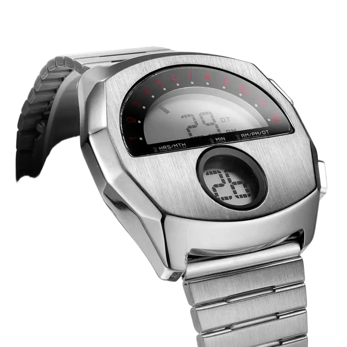 Megir stainless steel digital watch with silver-toned brushed metal case and bracelet and red numerals on black display
