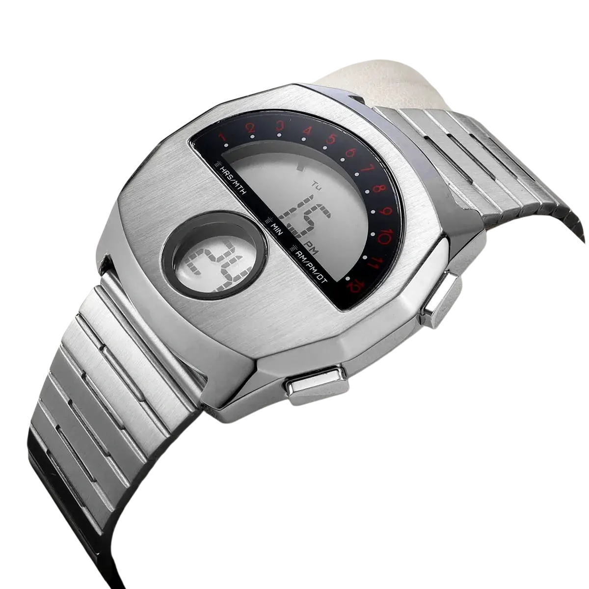 Megir stainless steel digital watch silver toned with brushed metal case and red numeral analog dial with led time display