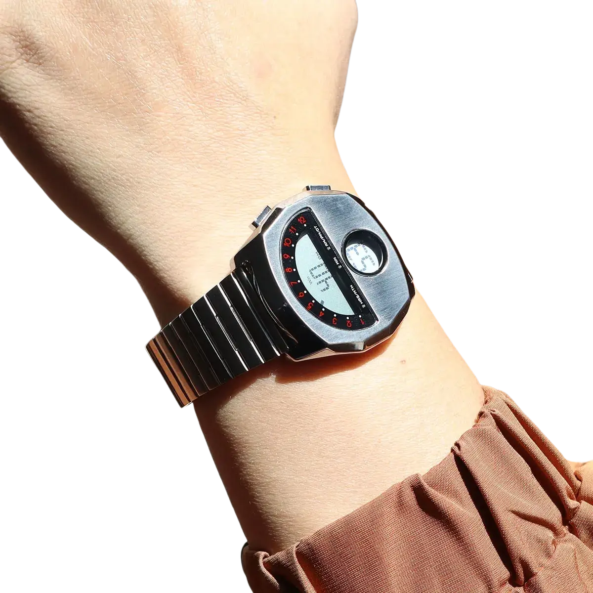 Megir stainless steel digital watch featuring a sleek silver case, black face, red numerals, and an analog sub-dial