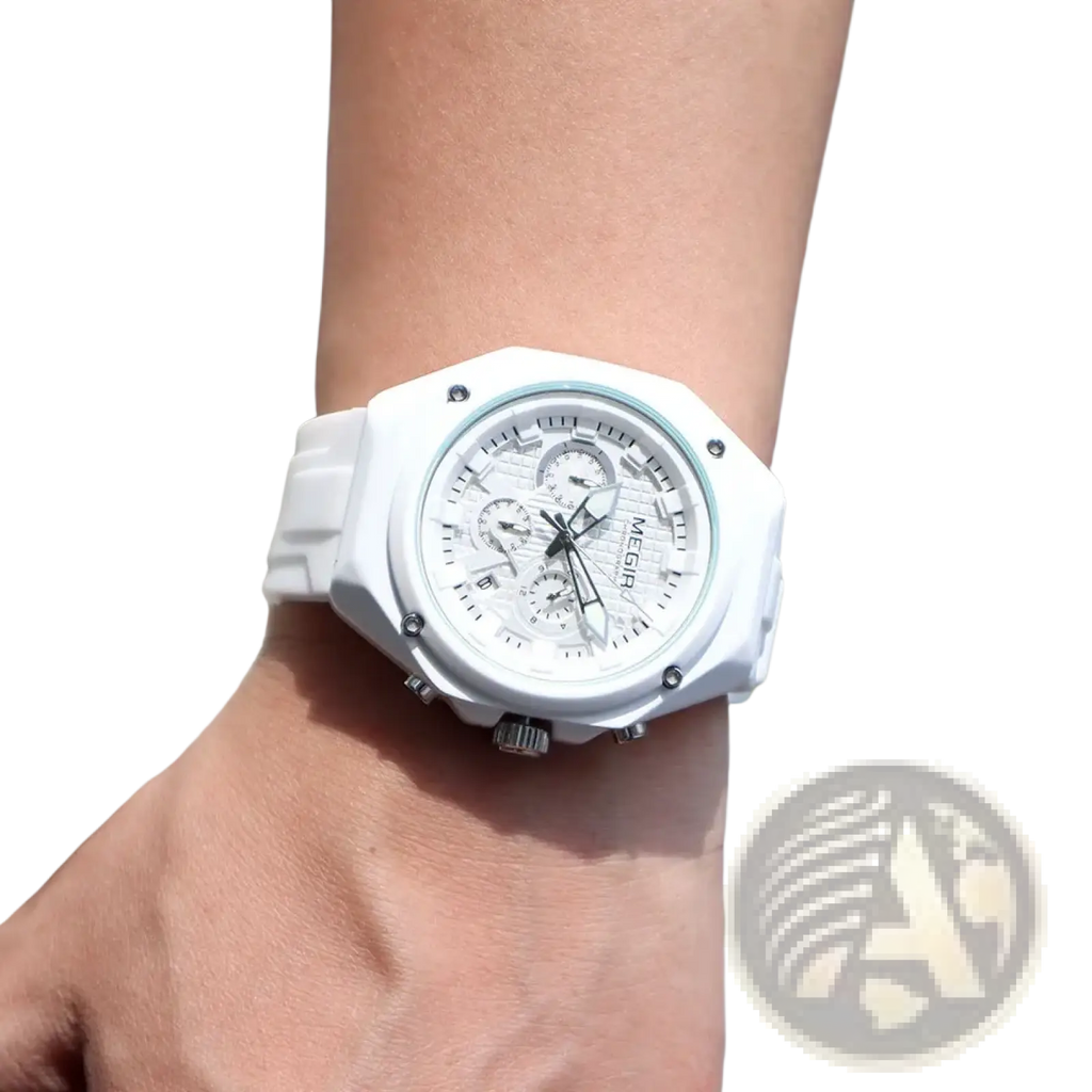 Megir white chronograph silicone sport watch with a white ceramic case dial silver-tone accents and multiple subdials