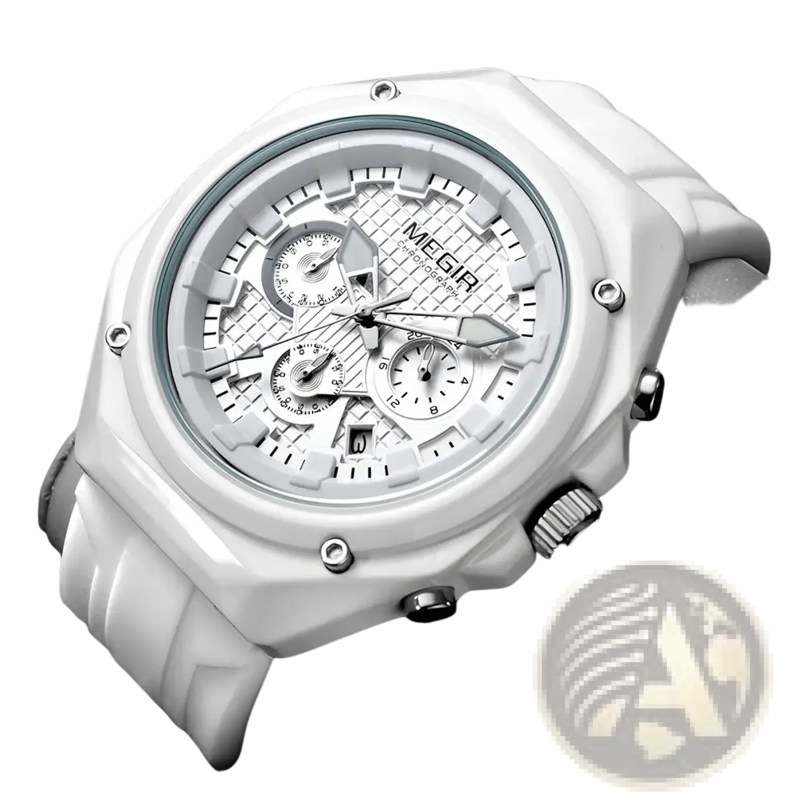 White megir chronograph silicone sport watch with textured dial and matching resin strap for active use