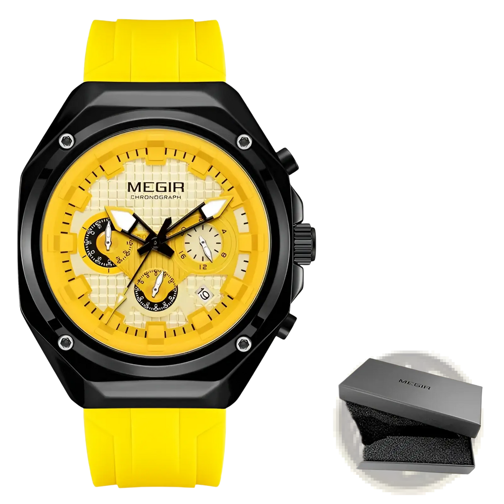 Megir white chronograph silicone sport watch with yellow and black dial and bright yellow silicone strap