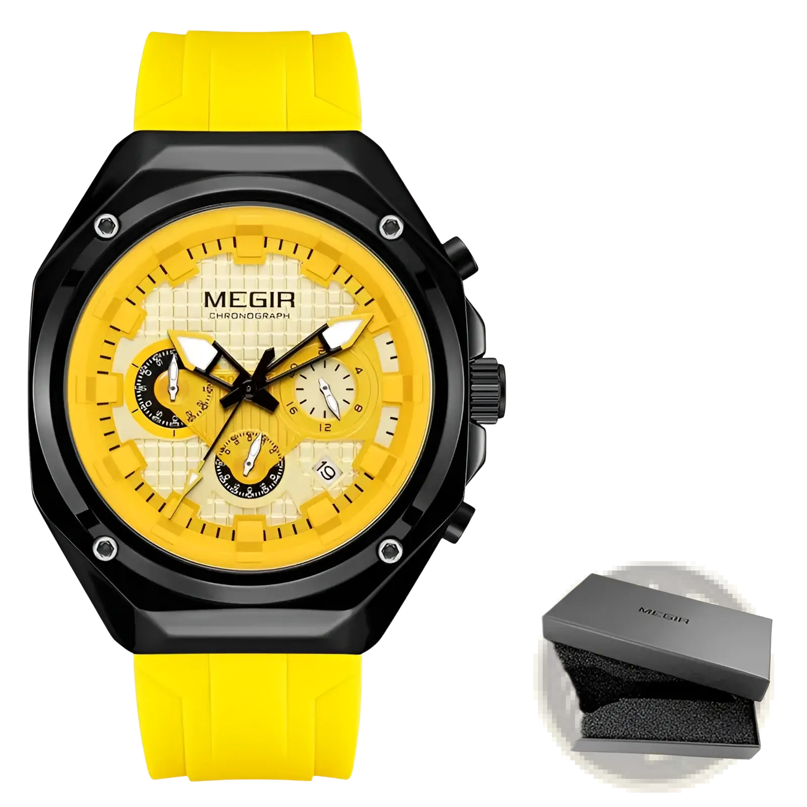 Megir white chronograph silicone sport watch with yellow and black dial and bright yellow silicone strap