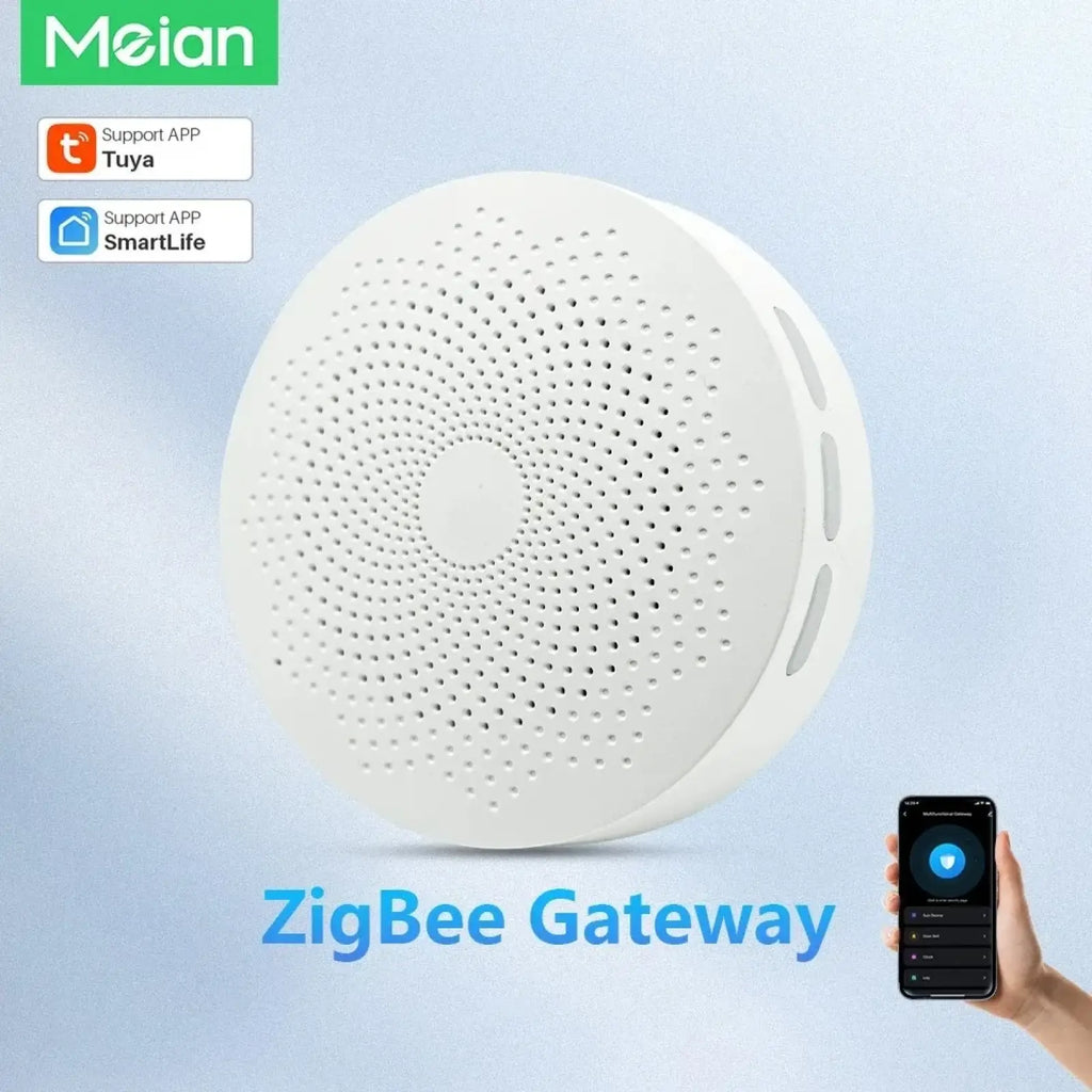 White circular meian tuya zigbee 3.0 smart home gateway hub with perforated surface and sleek design