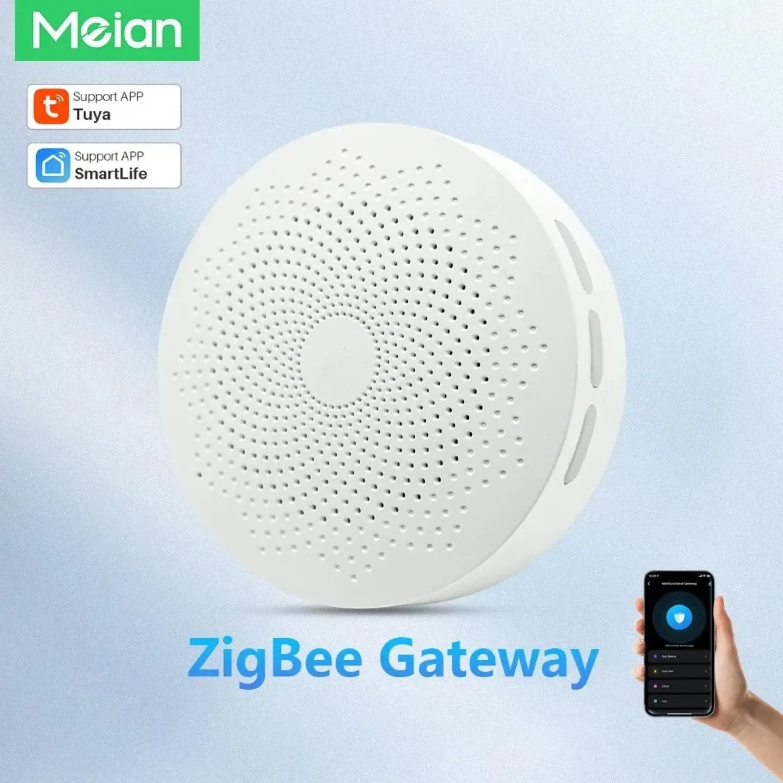 White circular meian tuya zigbee 3.0 smart home gateway hub with perforated surface and sleek design