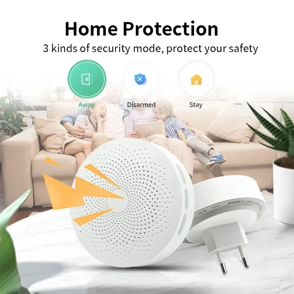 Meian Tuya Zigbee 3.0 white circular smart home gateway hub with perforated surface and plug-in base