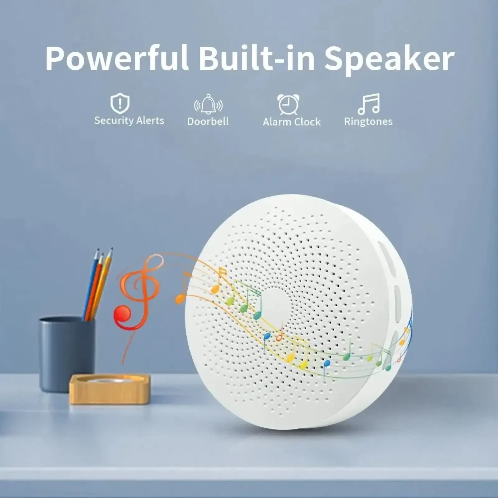 Meian Tuya Zigbee 3.0 white circular smart home gateway hub with perforated design and built-in security alerts and alarms