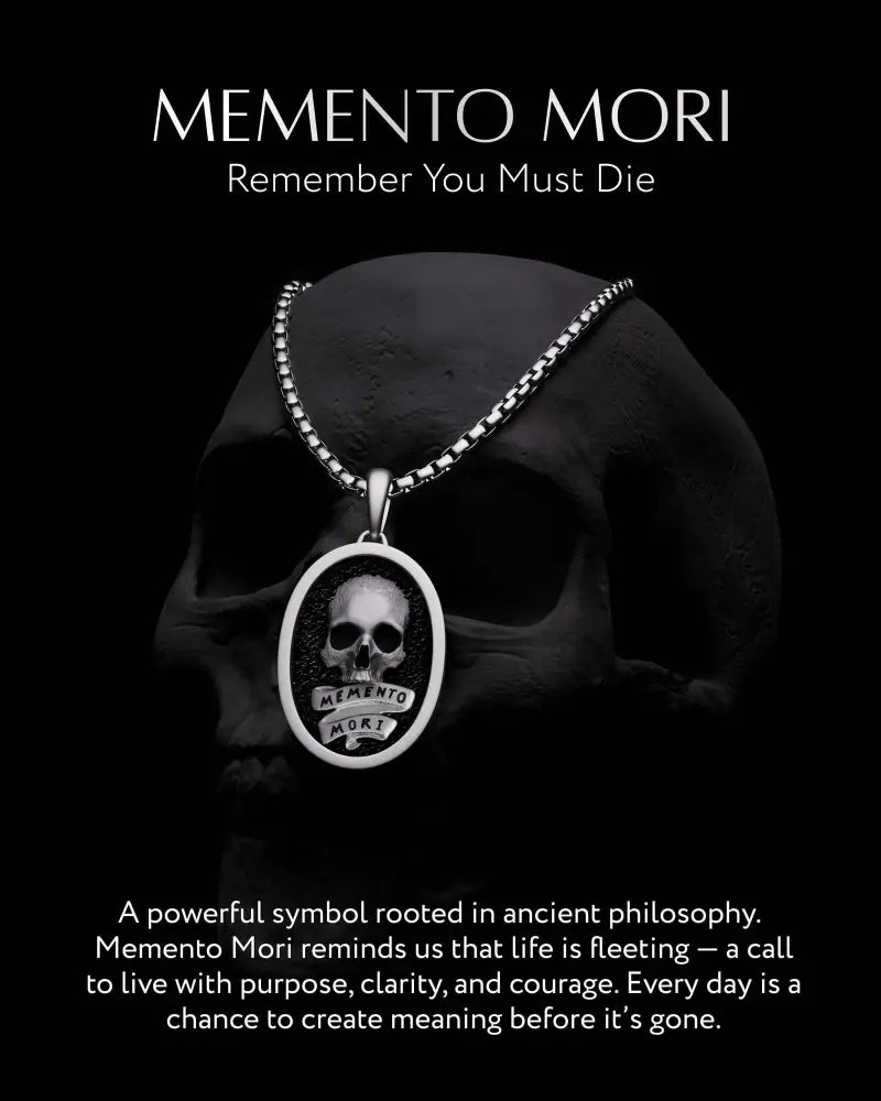 Silver stainless steel memento mori skull oval pendant necklace with detailed design on matching chain