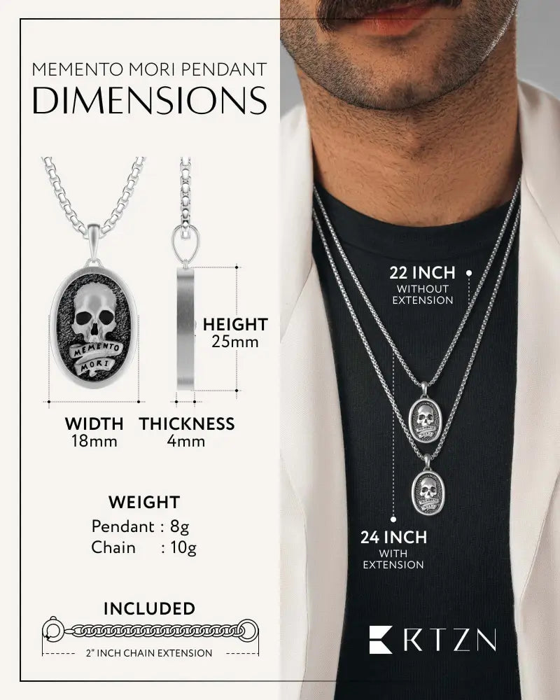 Silver stainless steel memento mori skull oval pendant necklace featuring black and white skull design engraved below