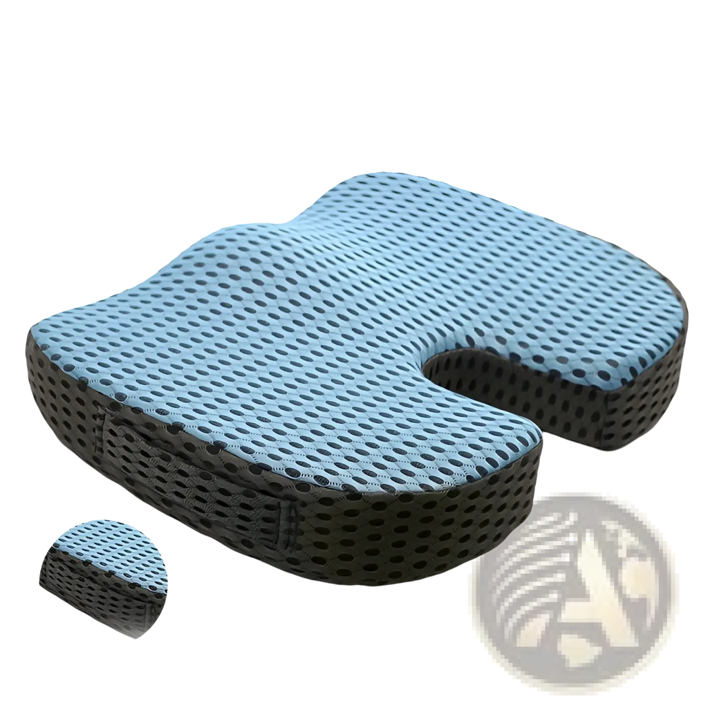 Memory foam office chair u-shaped mesh cushion in blue perforated mesh with black base for ergonomic seating support