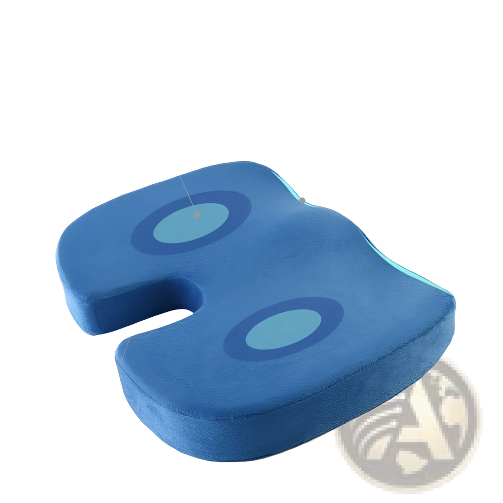 Blue memory foam office chair u-shaped mesh cushion with contoured design and two circular cutouts with light blue centers