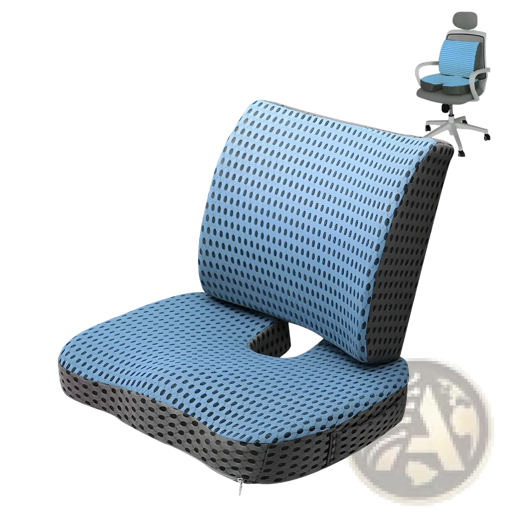 Memory foam office chair u-shaped mesh cushion in blue and gray with ergonomic lumbar support and sitz bone cutout