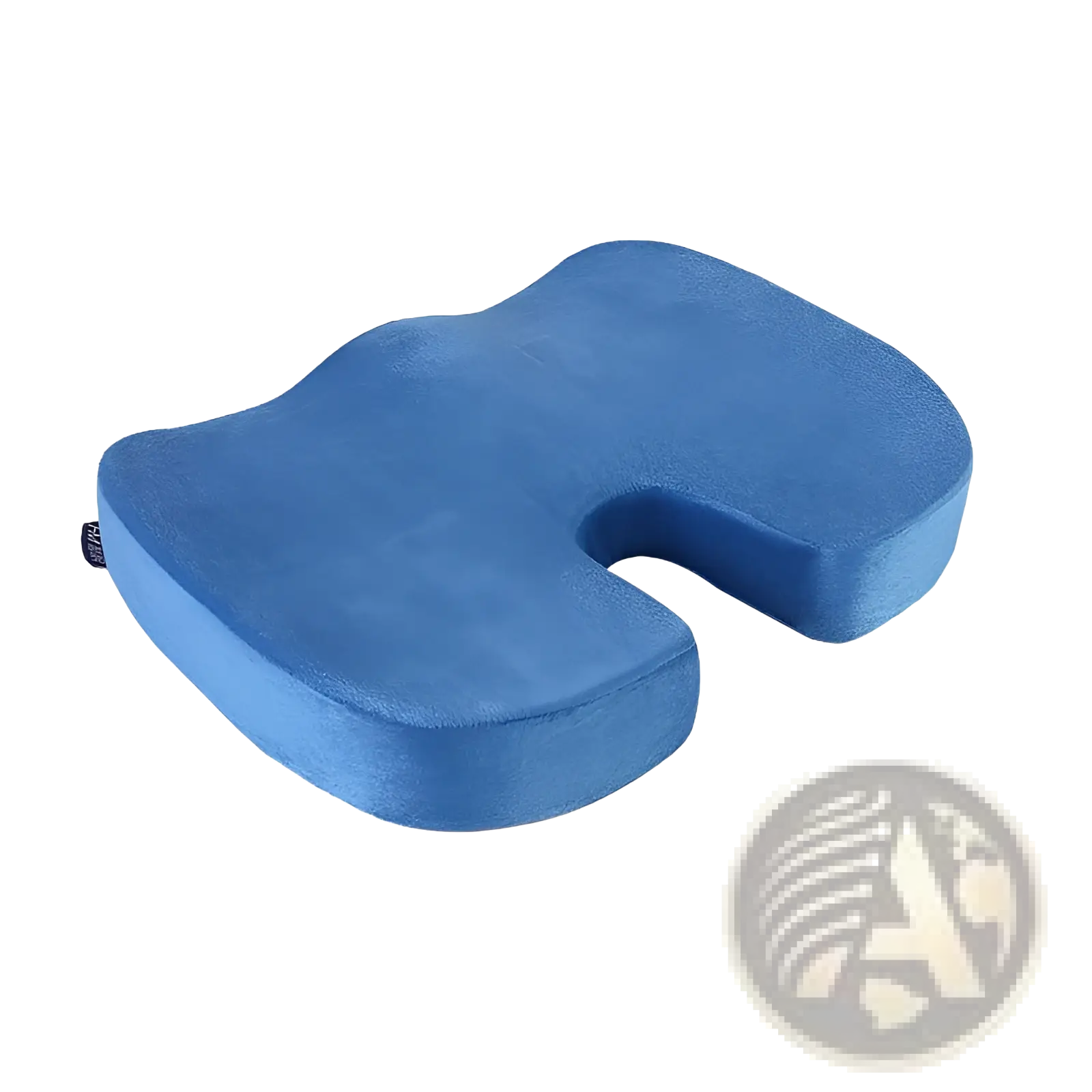 Blue upholstered memory foam office chair cushion with u-shaped contoured design for ergonomic support