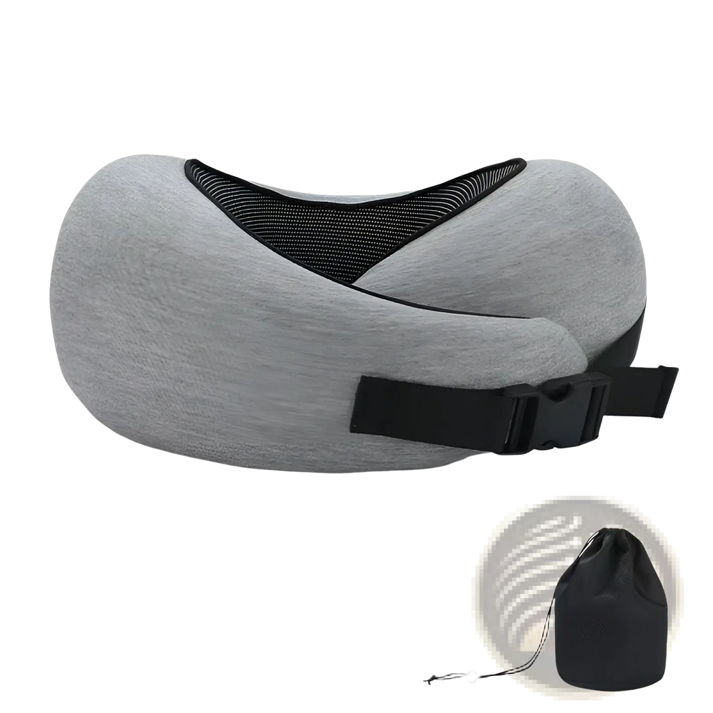 Gray memory foam travel neck pillow with black mesh and adjustable strap for customizable support during travel