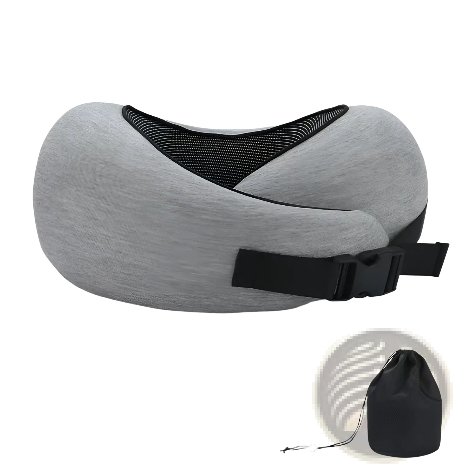 Gray memory foam travel neck pillow with black mesh and adjustable strap for customizable support during travel