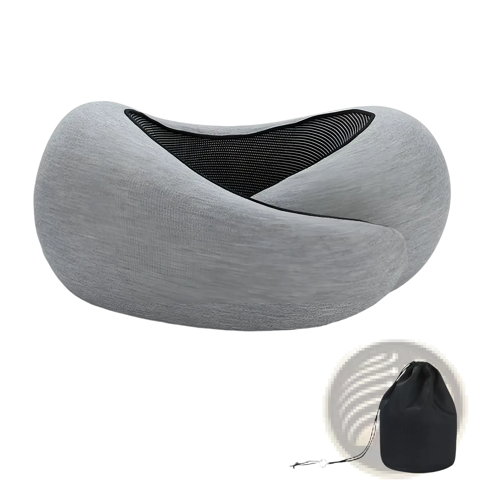 Dark gray memory foam travel neck pillow with black mesh interior and velcro closure for adjustable support