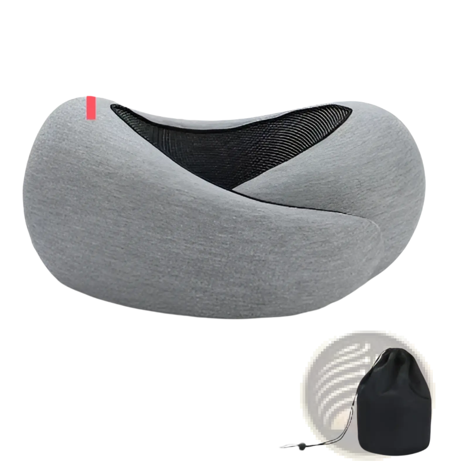 Gray memory foam travel neck pillow with black mesh interior and velcro closure for adjustable support