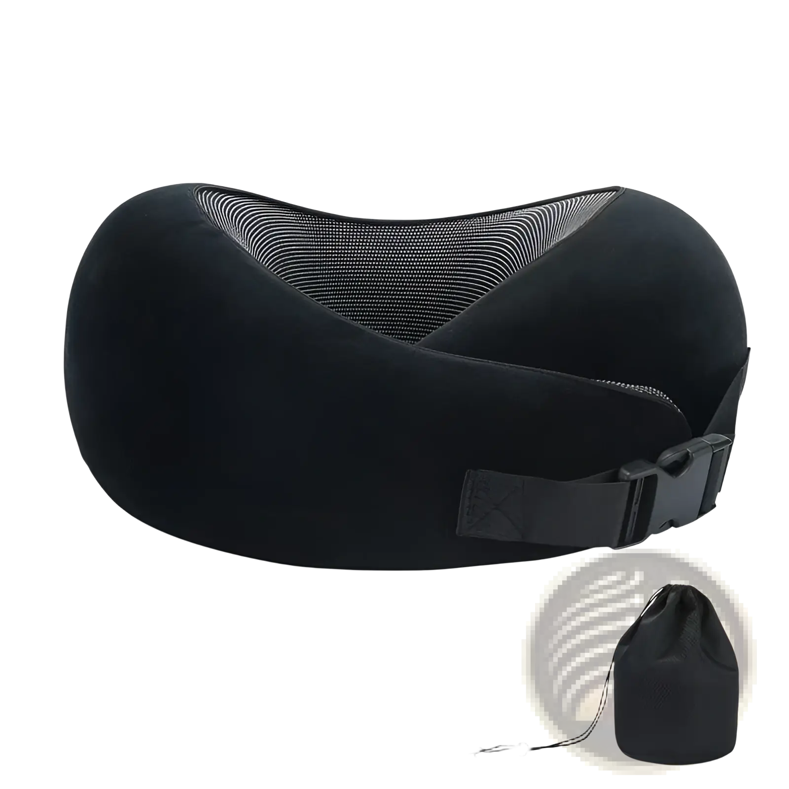Black memory foam travel neck pillow with adjustable support soft plush exterior and breathable mesh interior