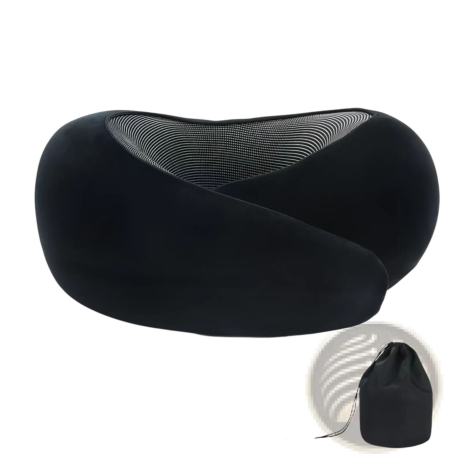 Black velvet memory foam travel neck pillow with mesh-lined interior for adjustable support during travel
